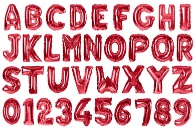 Set with red foil balloons in shape of letters and numbers on white background