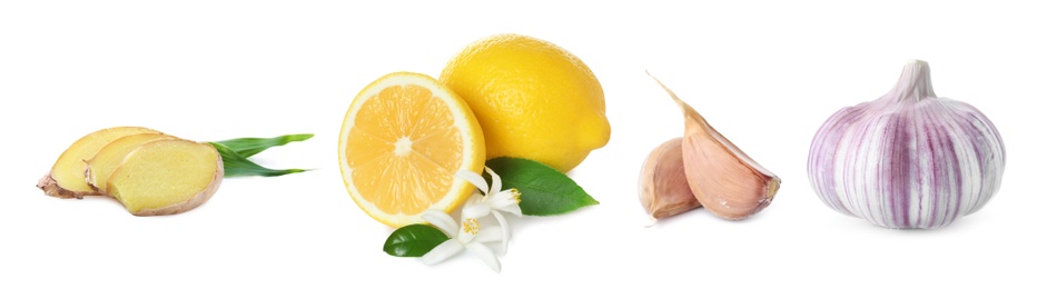 Image of Ginger root, garlic and lemon on white background. Banner design 