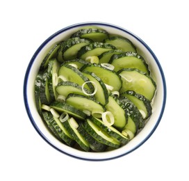 Appetizing salad with cucumbers and green onion in bowl isolated on white, top view