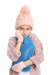 Ill girl with hot water bottle on white background