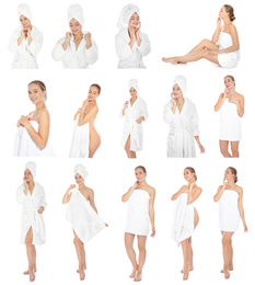Image of Beautiful woman with towel on white background, collage