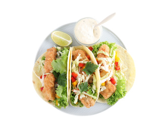 Photo of Yummy fish tacos with sauce isolated on white, top view