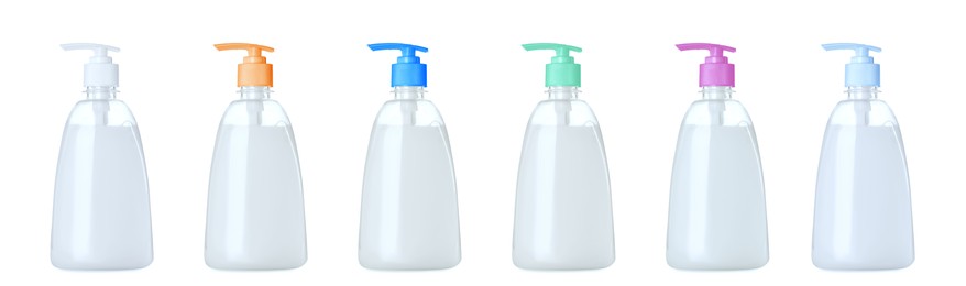 Set with bottles of liquid soap on white background. Banner design