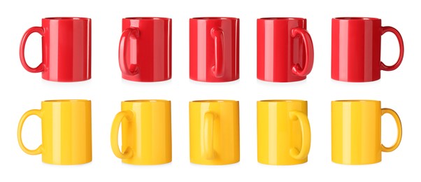 Set with different ceramic mugs on white background. Banner design