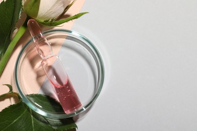 Pharmaceutical ampoule with medication and flower on light background, flat lay. Space for text