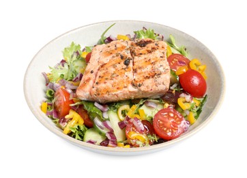 Bowl with tasty salmon and mixed vegetables on white background