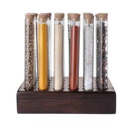 Glass tubes with different spices in rack on white background