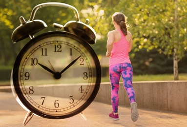 Image of Time to do morning exercises. Double exposure of woman running in park and alarm clock