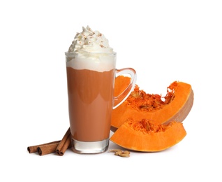 Delicious pumpkin latte and ingredients isolated on white