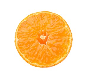 Photo of One fresh juicy tangerine slice on white background