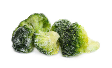 Pile of frozen broccoli florets isolated on white. Vegetable preservation