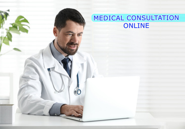 Image of Doctor using laptop at workplace. Medical Consultation Online 