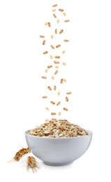Dry uncooked oatmeal falling into bowl on white background