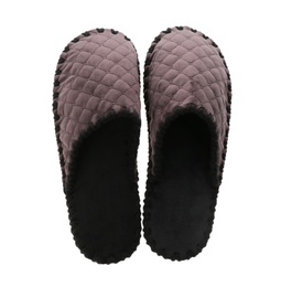 Pair of soft closed toe slippers on white background, top view