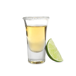 Mexican Tequila shot with salt and lime slice isolated on white