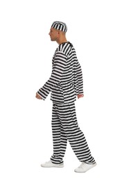 Prisoner in striped uniform on white background