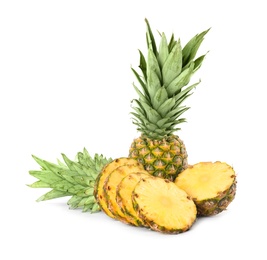 Photo of Whole and cut juicy pineapples isolated on white