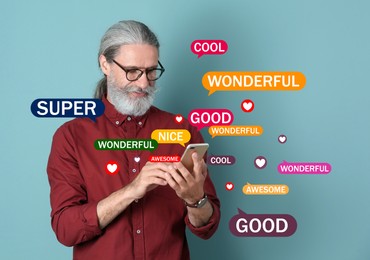 Image of Mature man using smartphone to give feedback on light blue background. Customer review