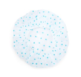 Waterproof shower cap with pattern isolated on white, top view