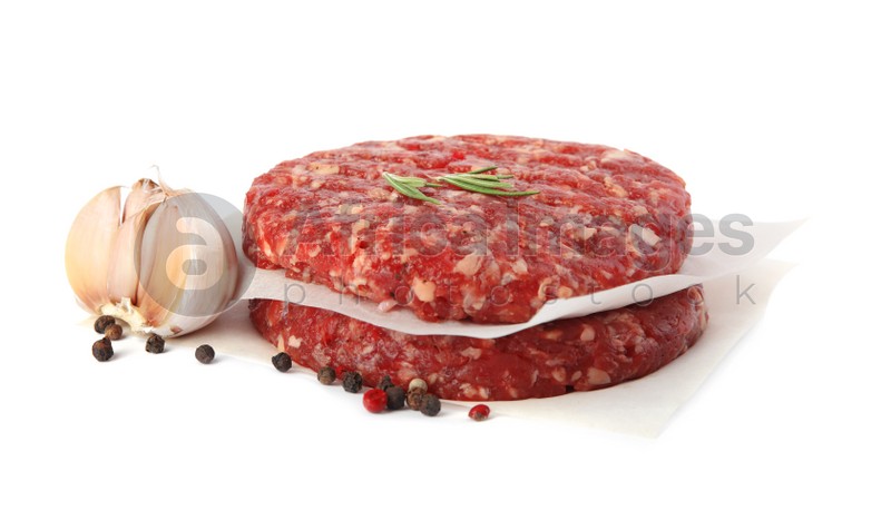 Raw meat cutlets for burger isolated on white