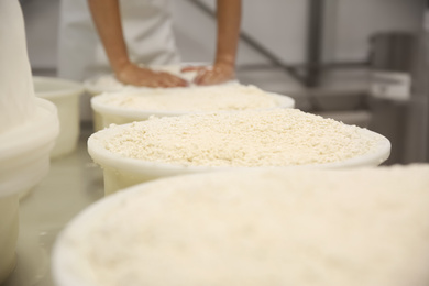 Moulds with pressed curd at cheese factory and blurred worker on background