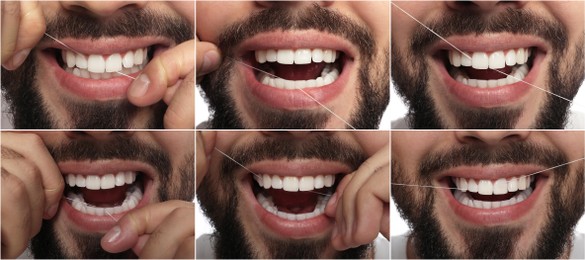 Collage with photos of man using dental floss, closeup. Step by step instructions