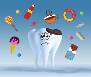 Unhealthy tooth and harmful products on light blue background, illustration. Dental problem