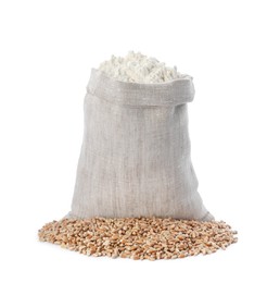 Sack with flour and grains on white background