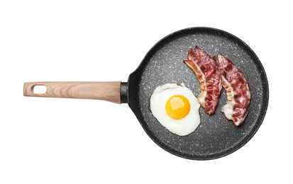 Frying pan with delicious fried egg and bacon isolated on white, top view
