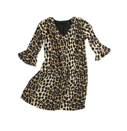 Short leopard print dress isolated on white, top view