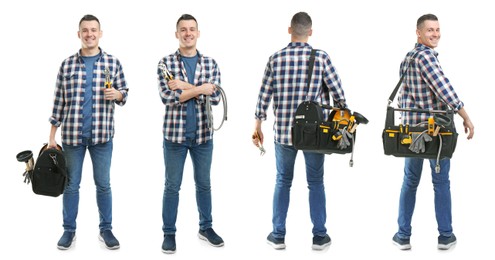 Collage with photos of plumber with tool bag on white background. Banner design