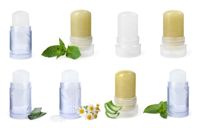 Set with different natural crystal alum deodorants on white background