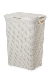 Photo of One empty plastic laundry basket isolated on white