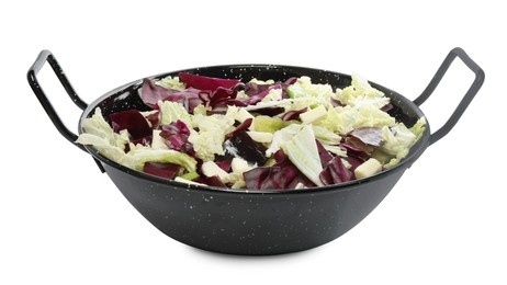 Delicious salad with Chinese cabbage, bell pepper and suluguni cheese isolated on white