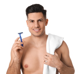Handsome man with razor before shaving on white background