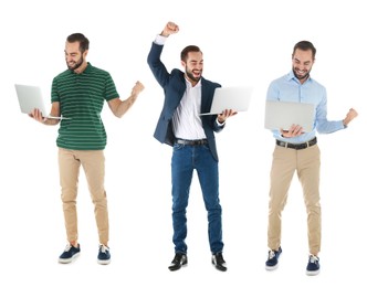 Collage with photos of man holding modern laptops on white background