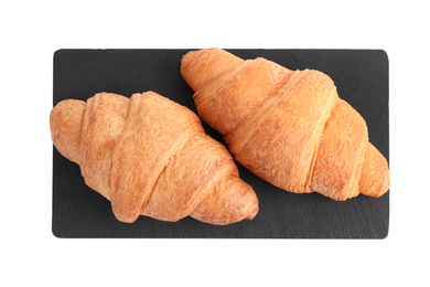 Tasty fresh crispy croissants isolated on white, top view
