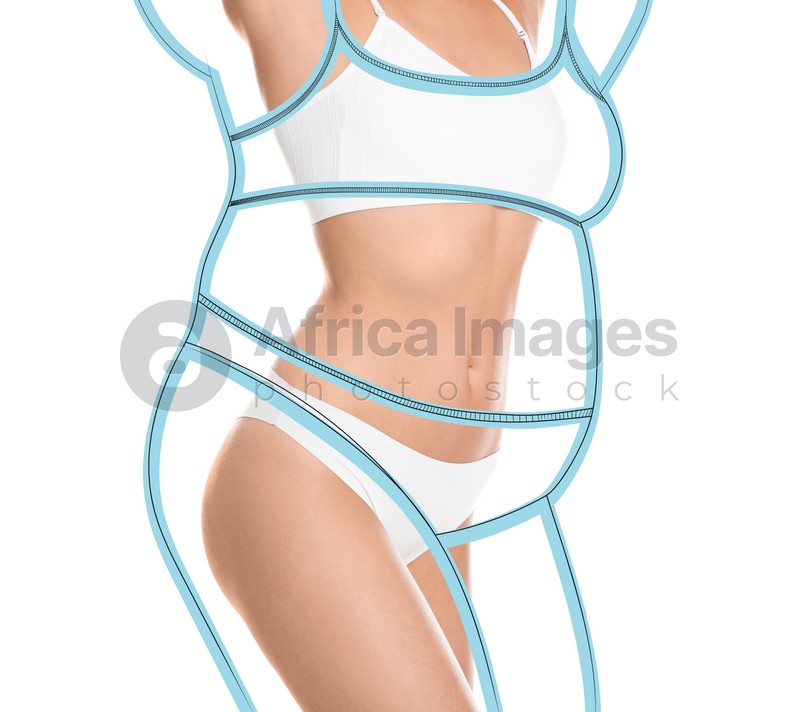 Slim young woman after weight loss on white background, closeup view 