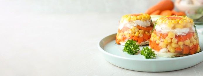 Delicious fish aspic served on white table, space for text. Banner design