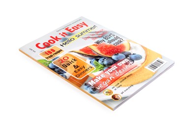 Modern printed culinary magazine on white background