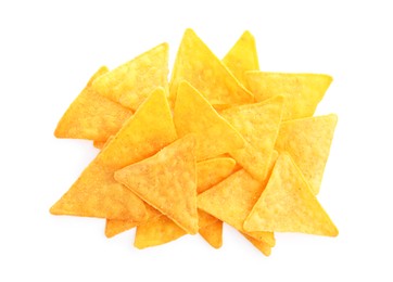 Photo of Tasty tortilla chips (nachos) on white background, top view