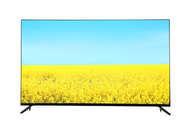 Modern wide screen TV monitor showing field with blossoming yellow flowers and blue sky isolated on white