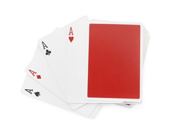 Photo of Four aces playing cards and deck on white background, top view