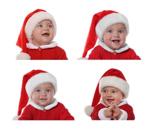Collage with photos of cute baby on white background. First Christmas 