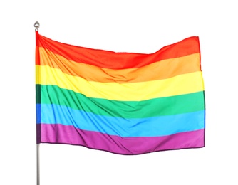 Rainbow LGBT flag fluttering on white background. Gay rights movement