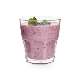 Tasty blueberry smoothie in glass on white background