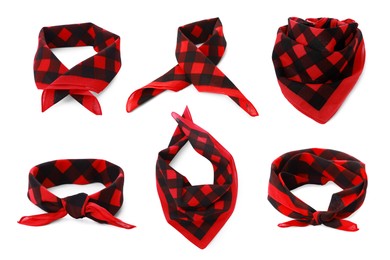 Image of Set with red and black checkered bandanas on white background
