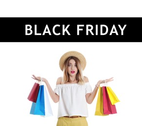 Black Friday Sale. Beautiful young woman with shopping bags on white background 