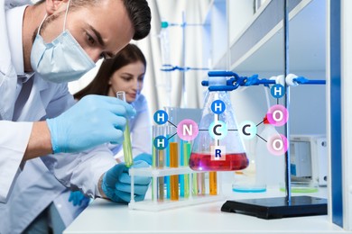 Amino Acids chemical formula, illustration. Scientist taking test tube from rack in laboratory 