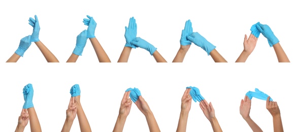 Right way to take off medical gloves, banner design. Collage with photos of woman showing process on white background, closeup